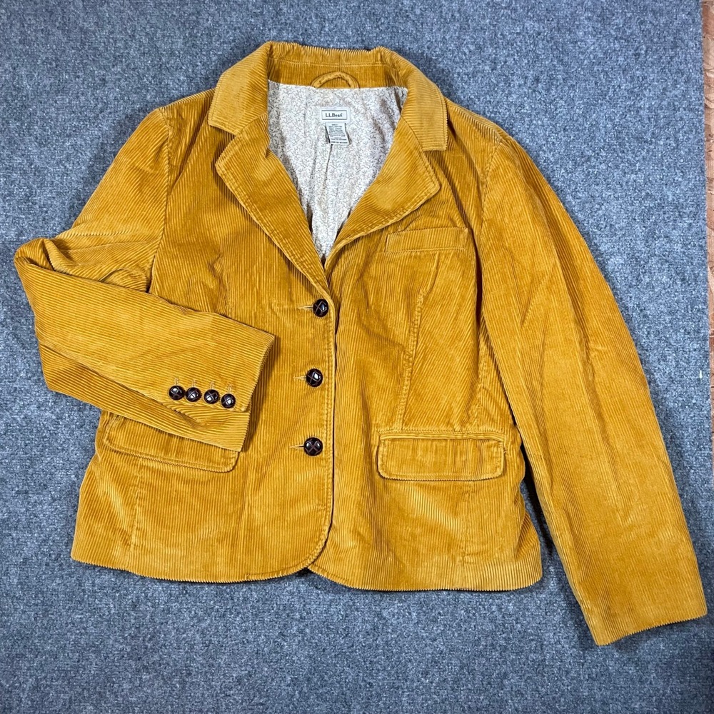 LL Bean Corduroy Blazer Women 20 Petite Mustard Yellow Woodland Lining‎ Jacket